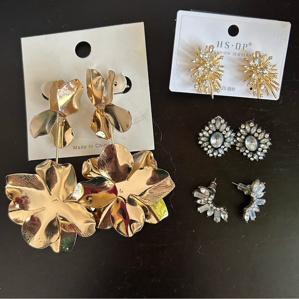 Gold Tone Statement Earring Bundle | Floral & Rhinestone Earrings